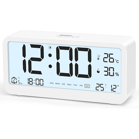 Digital vekkerklokke med stor LCD-skjerm, høy crescendo-ringetone, temperatur- og fuktighetsvisning, hvit