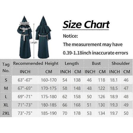 Unisex Vuxen Medeltida Dräkt Kappa Med Luva Munk Präst Trollkarl Tunika Dräkt 3 delar