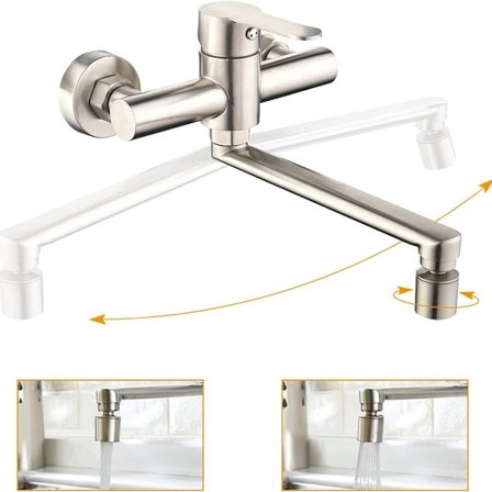 Veggmontert kjøkkenkran med 2 dyser, servantbatteri, 360° roterbar, vegg m