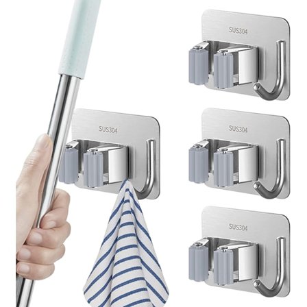 Väggmonterad kvast- och mopphållare, 4 delar rostfritt stål väggmonterad