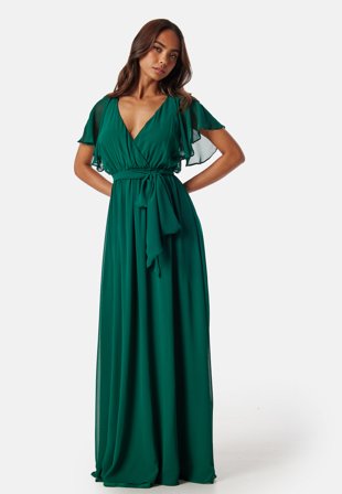 Goddiva - Flutter Chiffon Maxi Dress - Dark Green - Kläder - - Bubbleroom