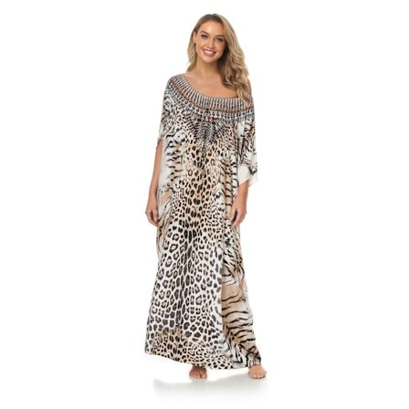 Lang badedragt til kvinder, badedragt, strandkjole, maxi-strandkjole, boheme-sommerkjole, rund halsudskæring, off-shoulder caftan, bikini-coverup