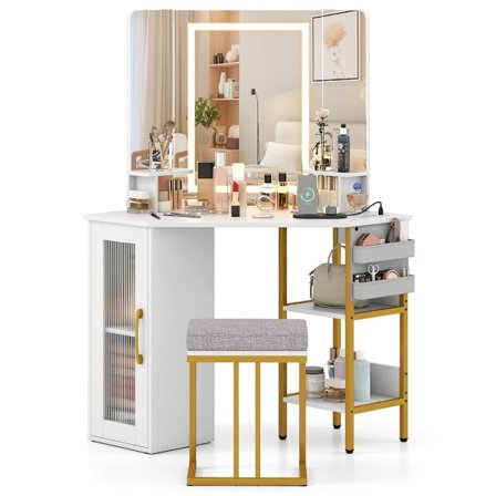 Hjørne-sminkebord med skammel, LED-spejl og opladningsporte