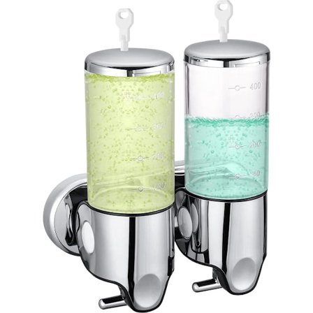 Seinään asennettava saippua-annostelija - 2 säiliötä - 2x500ml - Ruostumaton teräs - Shampoo-annostelija