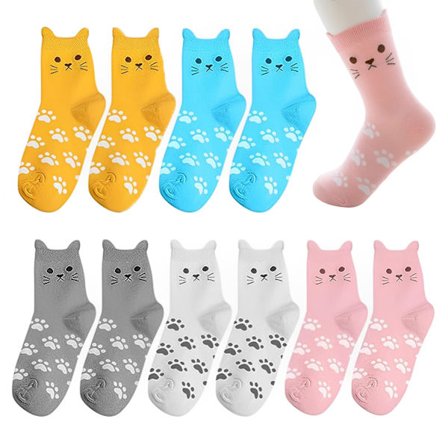 10 par blandede sokker med kattemotiv til piger 4-7 år, søde kattesokker, sokker med rund hals, velegnede til efterår og vinter, svedabsorberende