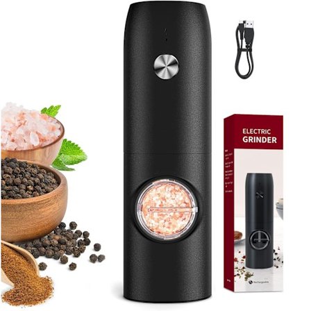 Elektrisk peber- og saltkværnsæt med LED-lys, enhåndsbetjening, justerbar grov og fin formaling til køkkenskrydderier, sort