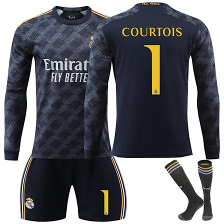 Madrid COURTOIS #1 2023/2024 RM Långärmad höst/vinter Bortalag Barn Fotbollströja/Shorts/Strumpor Set Ungdom Barn Storlekar