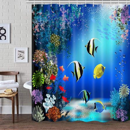 Ocean Kids Bad Underwater Dusjforheng, Fargerik Tropisk Fisk Korall Hav Dyr Stoff Blå Dusj