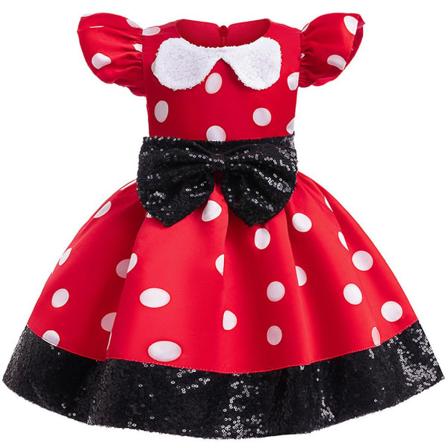 Børn Piger Minnie Rød & Sort Sød tegneserie A-line kjole Polka Dot Sløjfe Knot Decor Princess Dress 1-2Y