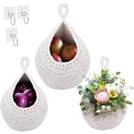 3 stk Hengende Vevde Oppbevaringskurver for Plassbesparelse på Kjøkken og Bad