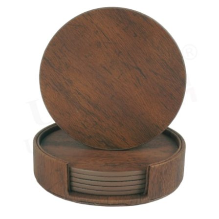 Sæt med 6 runde PU-læderunderlag med holder