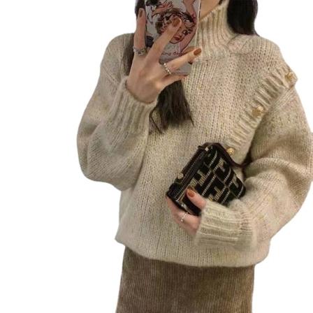 2022 Höst Vinter Dam Långärmad Stickad Tröja Turtleneck Lös Pullover Toppar Deko med Metallknapp