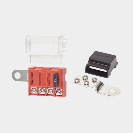 Sikringsholder Blue Sea Systems ST Blade Battery Terminal Mount Fuse Block Kit, til 4 fladstikssikringer, med jordklemrække, M10 + M4, 100 A