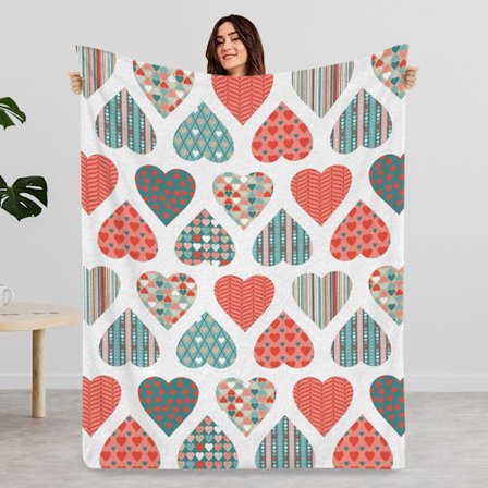 Röd Turkosa Hjärtmönster Filt - Alla hjärtans dag-present till fru/flickvän. Färgglad Mjuk Pläd för Soffa/Säng, Romantisk Dekor. Hjärtmönstrad Filt 