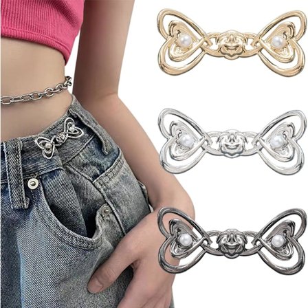 3 Sæt Bukser Talje Strammer, Ingen Syning Justerbar Knap til Jeans Taljebånd Strammer, Hjerteformede Perleknapnåle til Jeans Taljejustering