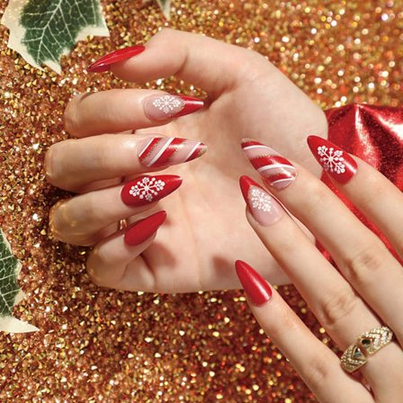 Jul falska naglar med lim, tryck på naglar korta röda falska naglar