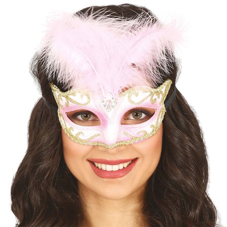 Lyserød Halvmaske med Fjer