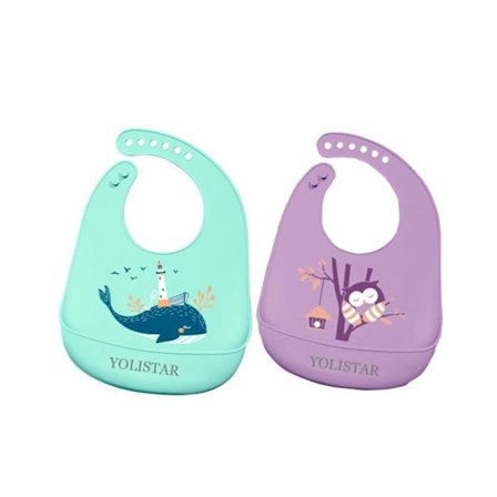 (Grønn hval, lilla ugle) To vanntette silikon baby smekker, silikon smekke med smulefanger, silikon smekke med 6 knapper