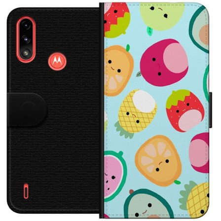 Kompatibelt Lommeboketui til Motorola Moto E7 Power Mønster av kawaii-frukter som jordbær sitron ananas og avocado på lyseblå bakgrunn