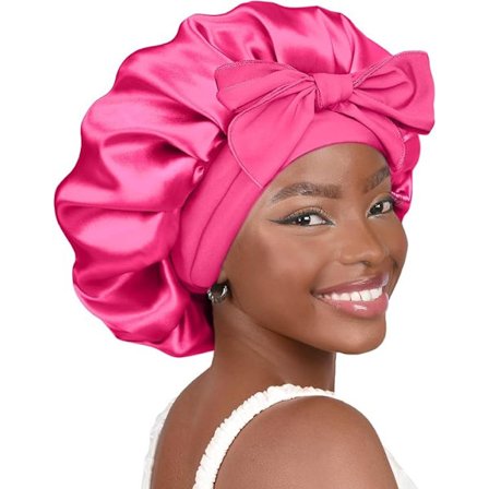 Silkkinen yömyssy, naisten satiininen yömyssy, kaksinkertainen satiinivuorattu hiusmyssy otsapannalla, kiharat hiukset