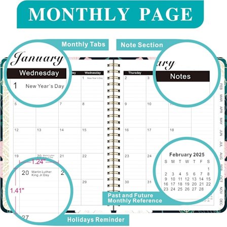 Ukentlig og månedlig kalender, A5-størrelse med faner, spiralbundet, daglig planlegger for skole, lærer, kontor, mørkegrønn
