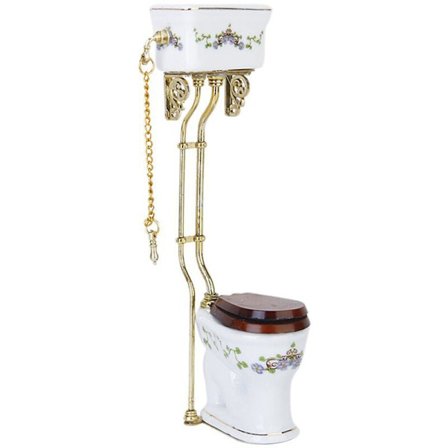 Retro Miniatyr Porselen Toalett - Hvit + Gull
