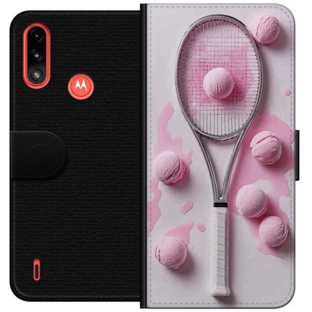 Kompatibel Tegnebogsetui til Motorola Motorola Moto E7 Power Rosa glaskugler og tennisketsjer i et kreativt stillbillede med legende popfølelse og mo