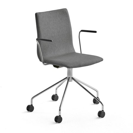 Conference chair OTTAWA with wheel base and armrests, grey fabric, chrome