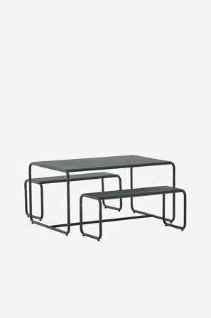 Kave Home - Sotil Lasten 2 penkkiä ja galvanoitu teräspöytä, vihreä viimeistely 95 x 62 cm. - Vihreä - Lasten ulkokalusteet - - Homeroom