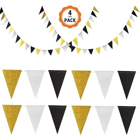 4 st 12 m dubbelsidig glitterpapper triangelflagga, svart och guld