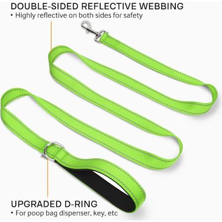 Reflekterende Hundetegn, 6FT/5FT/4FT, Polstret Håndtag til Mellemstore & Store Hunde, Grøn Green 6 ft Standard