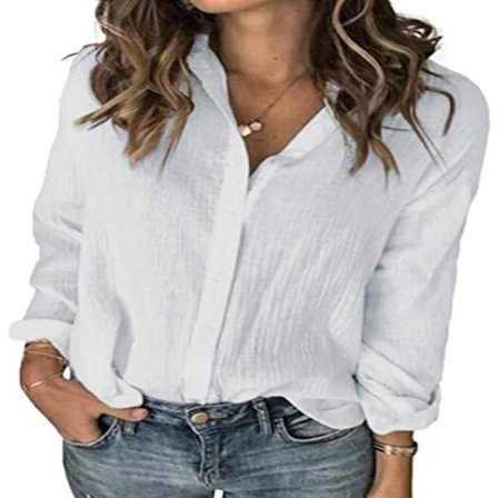 Dame Langærmet Knap Ned Bomuld Linned Skjorte Bluse Løs Pasform Casual V