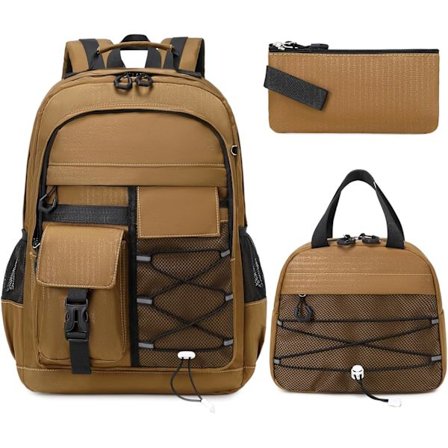 Brun Rygsæk til Drenge, Vandtæt 15,6 Tommer Laptop Skoletaske - 3-Delt Tilbage til Skole Sæt med Madkasse & Penalhus, Holdbar Mi