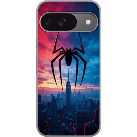 Yhteensopiva Puhelinkuori Google Google Pixel 9 Pro Tyylikäs hämähäkki kaupungin horisontin yläpuolella dramaattisessa auringonlaskussa, graafine