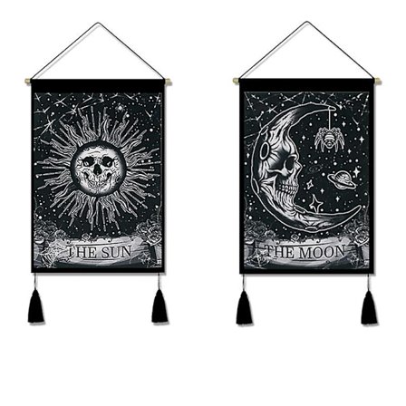 Psychedelic Tarot -seinävaatteet, 2 kpl, pääkallokuvio, aurinko, kuu, tähti, seinävaate, hippityylinen seinävaate kodin sisustukseen, 35x50cm
