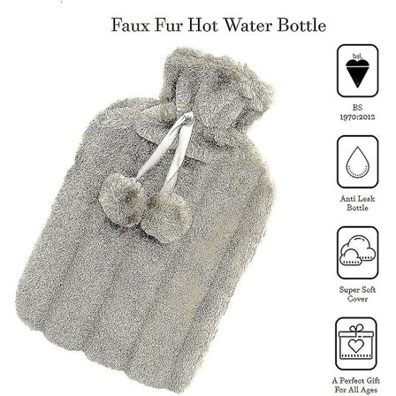 Varmvattenflaska 2 Liter med Naturligt Gummi och Konstpälsöverdrag. Läckagesäkra Varma Termosar