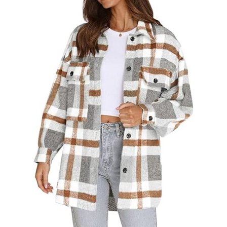 Kvinners Flanell Rutete Jakke Lang Ermet Knapp Ned Bryst Lommet Skjorter