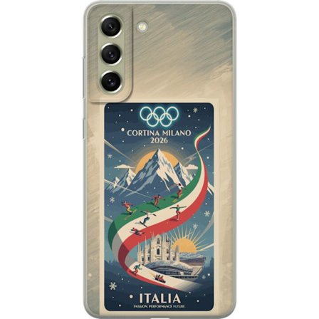 Kompatibelt Mobildeksel til Samsung Galaxy S21 FE 5G Skiskytterillustrasjon med skiløper som sikter med gevær på en snødekt løype, teksten Milano Cort