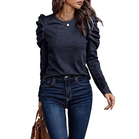 Dam T-shirt med Rund Hals, Puffärmar, Slim Fit