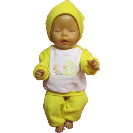 Gul/vit joggingdress med fågel till Baby Born, dockkläder.