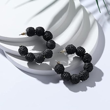 Rattanörhängen Sommar Boho Raffia Boll Hängande Örhängen Svart