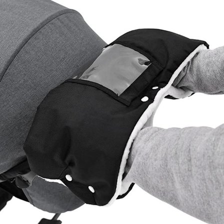 Barnevognshandsker med telefonlomme, sort barnevognstilbehør håndvarmerhandsker med fleecefor, vandtæt, vindtæt, universel størrelse til barnevogn, 