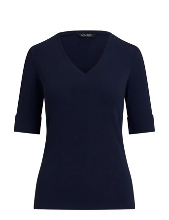 Stretch Cotton Elbow-Sleeve V-Neck Tee Navy Lauren Ralph Lauren