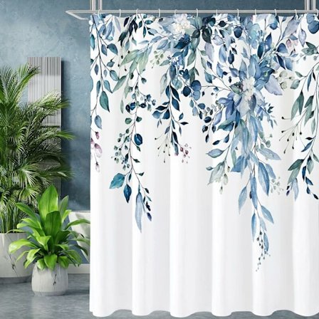 Blå Eucalyptus Duschdraperi, Akvarell Växtblad med Blommig Badrum Duschdraperi Set med Krokar, 72x72