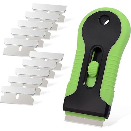 Keramisk Skrapa Bilstickerborttagare Glas Spishäll Rakbladsetikett, Lim, Färg, Limborttagare Verktyg + 10 st Rostfria Rakblad (Grön)