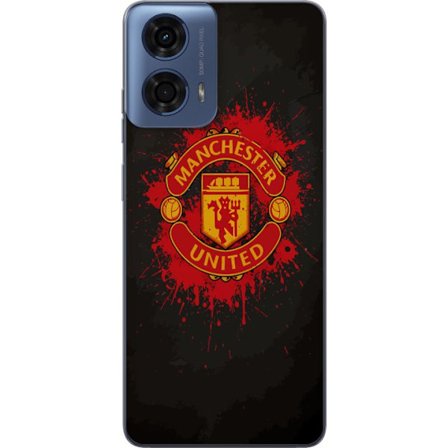 Kompatibelt Mobildeksel til Motorola Motorola Moto G24 Manchester United logo i rød og gul farge med røff sportslig bakgrunn