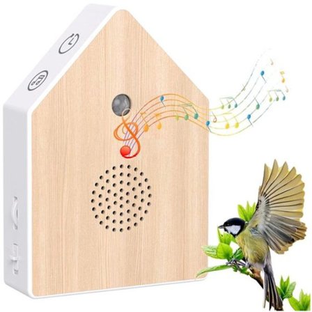 Fuglesanghus med sensorer - Fuglesanghus med lyd - 4 naturlige fugle - 11 x 3,5 x 15,2 cm - Brun