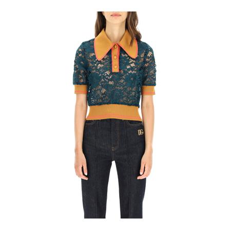 Dolce & Gabbana, lace polo with short sleeves Groen, Dames, Maat:S,Katoen