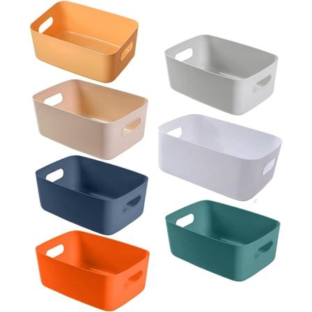 7-pakning med små oppbevaringskurver i plast, fargerike oppbevaringskurver for kjøkkenskap, kjøkkenorganisatorer for hjem, kontor og skole (25 x 16,5 