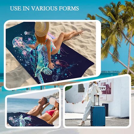 XXL Strandhåndkle med Veske 90x180 Mikrofiber Badehåndkle Havskilpadder Maneter Hurtigtørkende, Absorberende Teppe